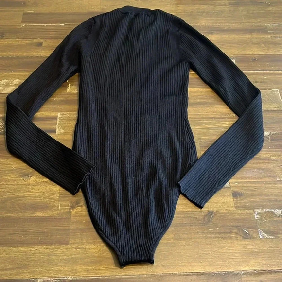 PARI DESAI TIFF SWEATER BODYSUIT BLACK RIBBED LONG SLEEVE O ZIPPER STRETCHY S - Picture 7 of 7